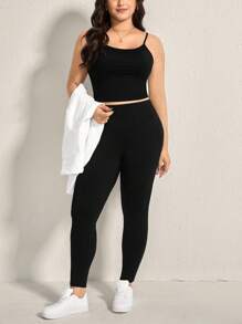 SHEIN LUNE مجموعة 3 قطع للمرأة بحجم كبير: ملابس علوية بأكمام طويلة، توب كامي، وسروال ضيق، ملابس عطلة الخريف - أبيض وأسود - مشاهدة 3