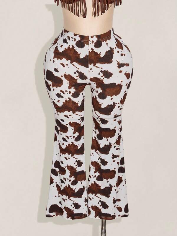 SHEIN ICON Plus Size Cow Print Boho Chic Flared Pants, Music Festival, Western Style Clothing, Festival