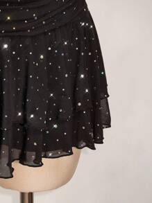 SHEIN ICON 加大码迷你分层褶饰系带裙，高开衩，亮片网眼细节 - 黑色 - 查看 8