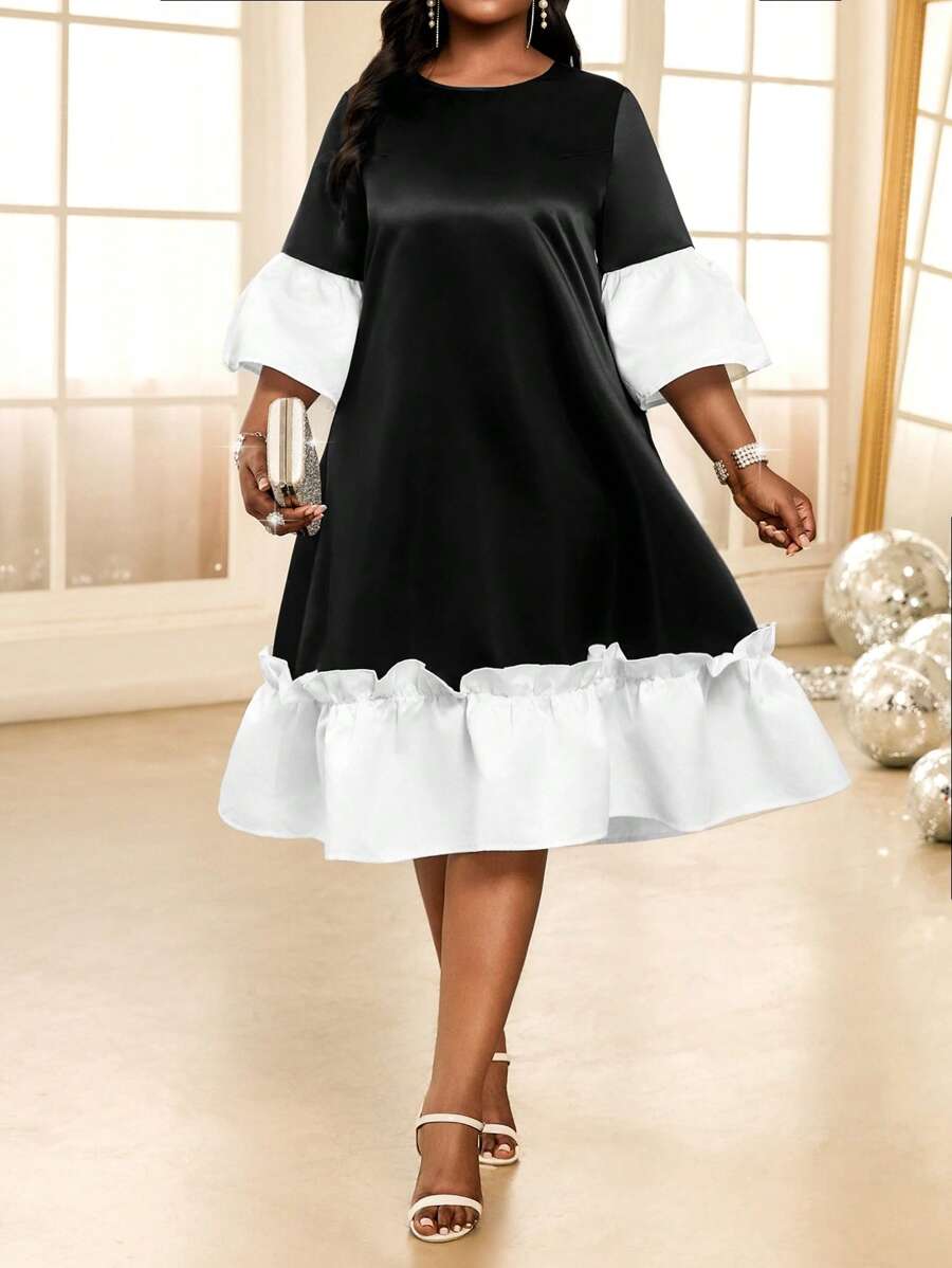 SHEIN Lady Plus Mùa Xuân Và Mùa Hè Thường Ngày Thanh Lịch Boho Thanh Lịch Trắng Và Đen Cổ Tròn Tay Cánh Hoa - Đen và trắng - Xem 1