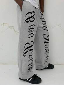 Manfinity EMRG Herren Lässig Buchstaben Muster Jogginghose, Junger Straßen-Stil Herren Graue Jogginghose Weite Graue Jogginghose mit Grafik-Aufdruck, Herren Buchstaben Muster Jogginghose