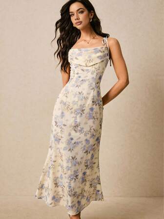 Poéselle 女士优雅花卉印花细肩带连衣裙，夏季