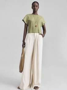 Ontre 2025 Herbst Neuankömmling Rundhals-Top, Urlaubsstil salbeigrüne Rundhals-Bluse mit Puffärmeln und geraffter Taille aus Leinen, vielseitig für Sommer/Herbst Alltag, Pendeln, Business Lässig, Büro, Schule für Frauen