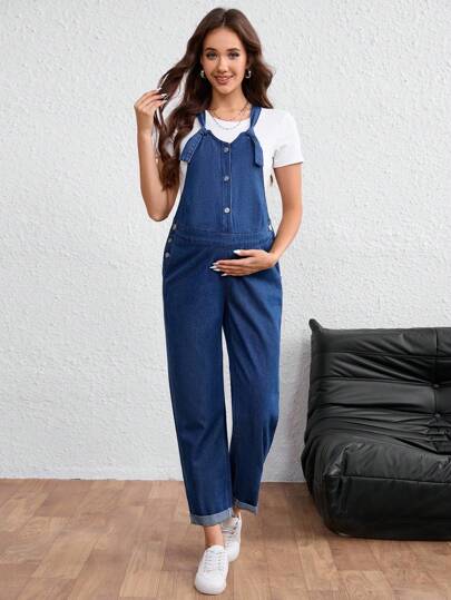 SHEIN 孕妇时尚无袖休闲牛仔背带裤夏季连体裤