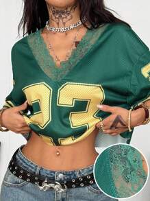 Coolane 女士夏季运动服基本款 Y2K 数字图案撞色蕾丝 V 领针织大码 T 恤