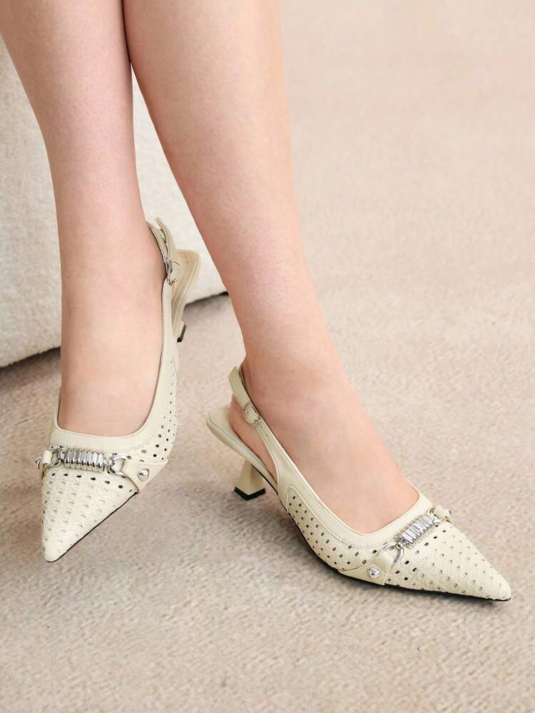 CUCCOO CHICEST Women's Pointed Toe High Heel Slingback Sandals, Beige Woven Hollow Out Breathable Buckle Design, Elegant And Fashionable For Party, Outdoor, Commuting, Spring/Summer