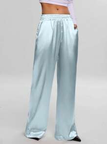 EURMUSE RueChic Satin High Waist Wide Leg Pant - Baby Blue - View 3