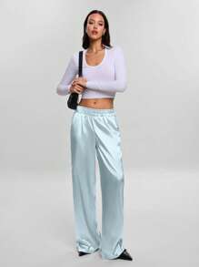 EURMUSE RueChic Satin High Waist Wide Leg Pant - Baby Blue - View 5
