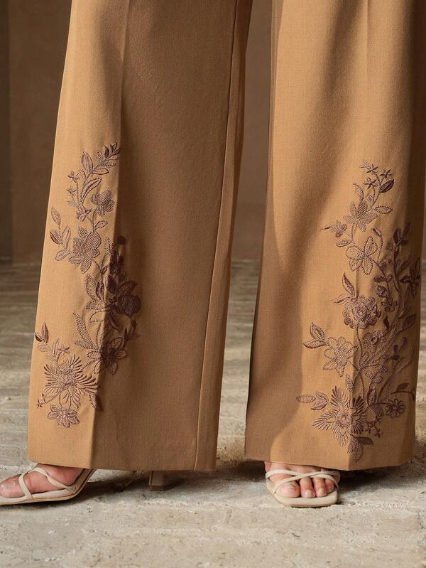Anewsta Women Elegant Resort-Style Brown Embroidered Loose Wide-Leg Pants