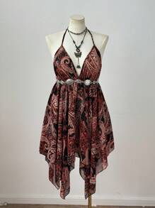 Flirla 节日、波西米亚风、嬉皮士风、牛仔装、新设计感老钱风、西部风、度假风、性感透视V领细肩带修身雪纺连衣裙，搭配长喇叭袖耸肩两件套西部风情装、夏季女装 - 彩色 - 查看 6