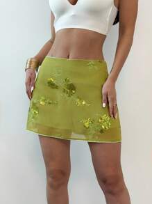 Firerie Women's Elegant Floral Embroidery Decorated Casual Sequin Mini Skirt, Suitable For Summer Vacation/Beach/Holiday, Green Color - Green - View 6