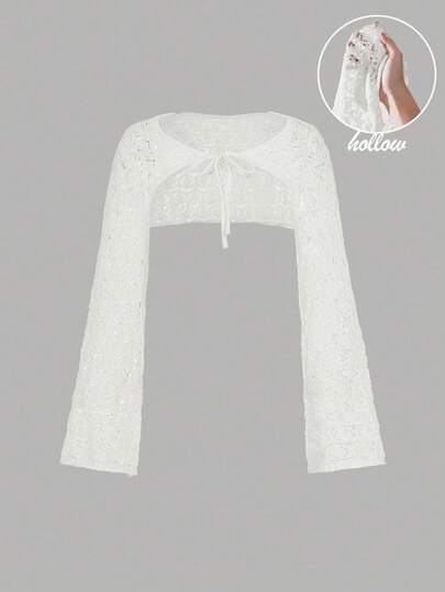 SHEIN MOD 白色系带针织镂空喇叭袖开衫，度假开衫，波西米亚开衫，沙滩开衫，女士乡村风，春季开衫外套