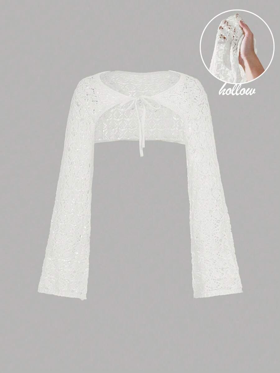 SHEIN MOD 白色系带针织镂空喇叭袖开衫，度假开衫，波西米亚开衫，沙滩开衫，女士乡村风，春季开衫外套 - 白色 - 查看 1