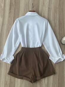Airaco Bộ đồ nữ áo dài tay màu trơn và quần short, trang phục công sở thường ngày - Nhiều màu - Xem 2