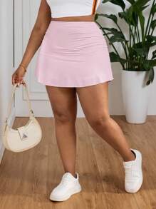 SHEIN PETITE CURVE Spring And Summer Break Solid Ruched Ruffle Hem White Skirt Pink Skort - Pink - View 5