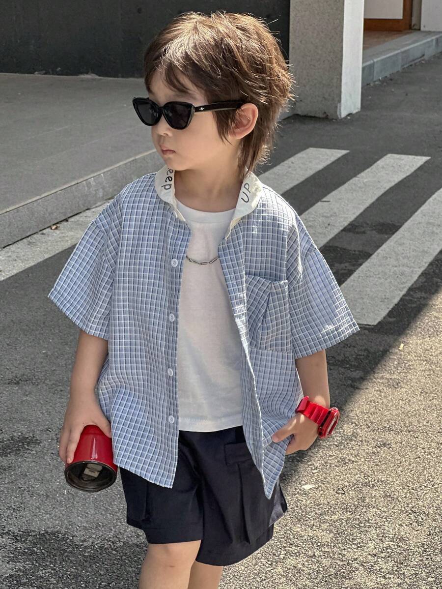 DAZY 小男孩格紋對比滾邊短袖襯衫 + 純色短褲 2件套,夏季 - 藍色 - 查看 1