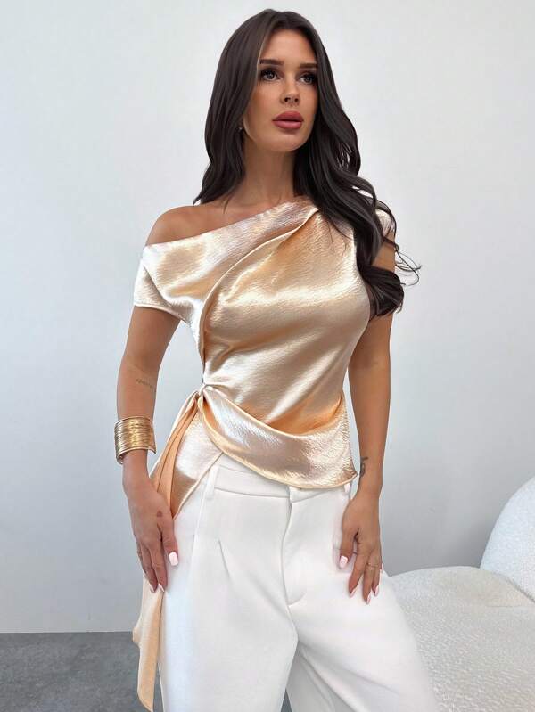 Firerie Women Elegant Holiday Party Asymmetric Structured Ribbon Shirt Off-Shoulder Top Blouses,Graduation,Teacher For Women,Back To School For Women,Party,Back To School,Teacher,4th Of July, Work Commute Daily,Graduation,Teacher For Women,Back To School Elegant Commuter Style Work/Business, Office Outfits For Women