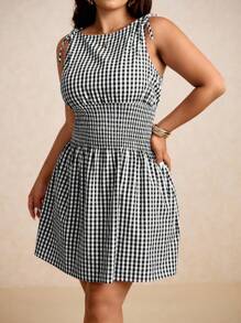Elaquor Plus Size Summer Casual Gingham Waist Strap Midi Dress,Business Casual Woman - Black and White - View 7