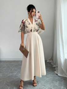 Rafferiza Women's Elegant Floral Embroidered Half Sleeve Apricot Maxi Dress A Stunning V-Neck Flared Hem Dress For Photoshoots And Special Occasions - Apricot - View 1