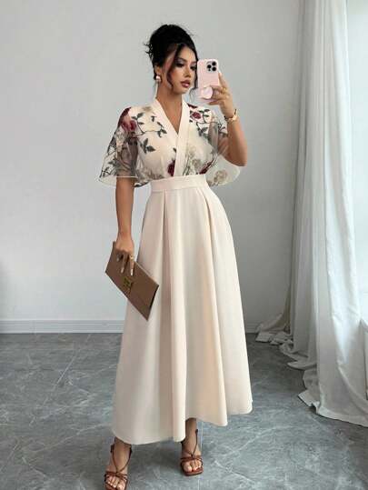 Rafferiza Women's Elegant Floral Embroidered Half Sleeve Apricot Maxi Dress A Stunning V-Neck Flared Hem Dress For Photoshoots And Special Occasions