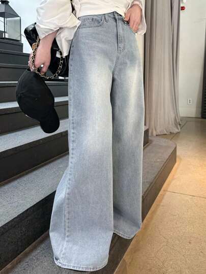 DAZY Women's Loose High Waist Slim Straight Leg Jeans, Simple Versatile & Comfortable Full Length Pants