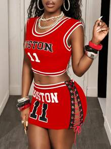 BamGleam Summer Sexy Letter Print Cropped Tank Top & Criss-Cross Strap Mini Skirt Set