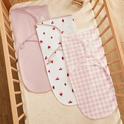 Cozy Pixies 3pcs/Set Newborn Baby Soft & Comfortable Plaid Pink Swaddle Set