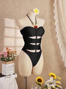 Swim Vcay Đồ bơi liền thân hở lưng vải bóng quyến rũ có dây rút đính hạt cho kỳ nghỉ bãi biển mùa hè mới dành cho nữ - màu đen - Xem 8