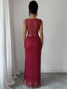 Rafferiza 女式优雅波尔卡圆点网眼印花褶饰下摆吊带背心上衣和裙子两件套