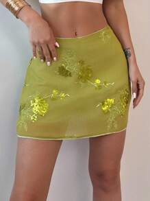 Firerie Women's Elegant Floral Embroidery Decorated Casual Sequin Mini Skirt, Suitable For Summer Vacation/Beach/Holiday, Green Color - Green - View 7