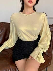 DAZY Women's Bell Sleeve Elegant Sequin Decoration Twist Knot Button Detail Long Sleeve Blouse Top, Business/Party Wear, Spring/Summer/Autumn