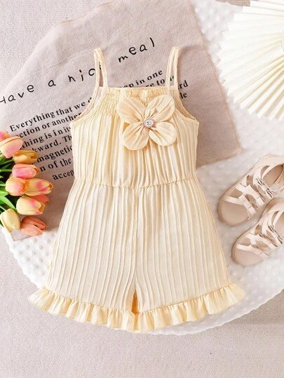 Young Girl (Small) Sleeveless Jumpsuit With Waist Knot, Apricot Color, Casual Everyday Outdoor Summer Outfit
