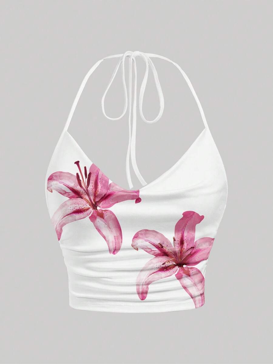 SHEIN EZwear Áo crop top hở lưng buộc cổ in họa tiết hoa loa kèn hồng của Island Girl, thích hợp cho mùa hè, bãi biển, lễ hội âm nhạc, kỳ nghỉ xuân, cảm giác nghỉ dưỡng - Nhiều màu - Xem 1