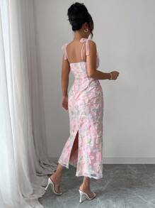 Elenzga Midi Dress With 3D Floral Mesh Straps, Elegant Bow & Slit Detail For Women
