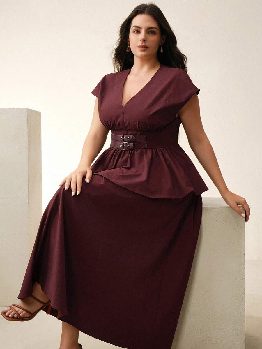 Anewsta Elegant & Fashion Summer Commuter Sleeveless V-Neck With Belt Blouse & Skirt 2-Piece Set For Women - Burgundy - View 1