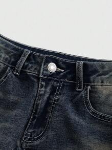 ROMWE J-Fashion Quần short denim nữ cạp thấp thêu bướm phong cách Y2K đính đá Rhinestone cũ kỹ - Màu xanh lam - Xem 4