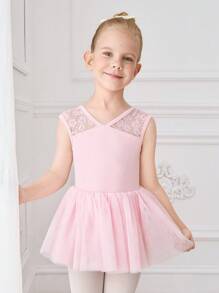 Vestito da ballerina con tutu in pizzo rosa senza maniche per ragazze, body da danza estivo