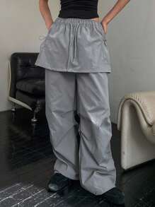 DAZY Pantalón cargo casual de tiro alto y pierna ancha con cordón, 2 en 1 para mujeres