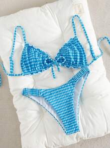 Swim Mod 2pcs Textured Fabric Ruffle Front Tie Bow Waist Pleated Cute Sweet Fashion Active Party Bikini Set Set For Summer Beach Vacation - Blue - View 6
