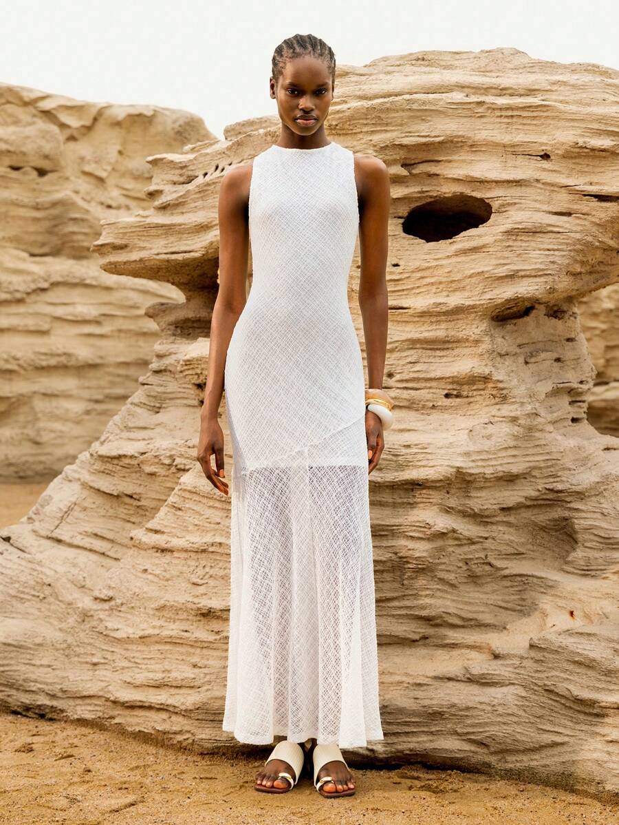 Lumivelle Elegant White Women's Sleeveless Knitted Maxi Dress With Stand Collar And Semi-Sheer Detail - White - View 1