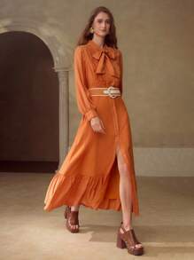 MOTF PREMIUM TIE NECK RUFFLE HEM LONG DRESS - Rust Brown - View 5
