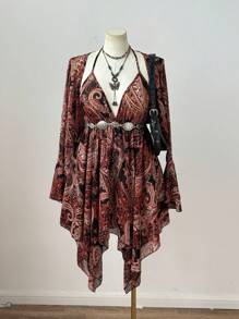 Flirla 节日、波西米亚风、嬉皮士风、牛仔装、新设计感老钱风、西部风、度假风、性感透视V领细肩带修身雪纺连衣裙，搭配长喇叭袖耸肩两件套西部风情装、夏季女装 - 彩色 - 查看 4