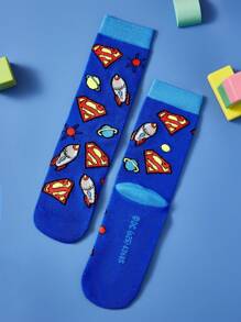 SUPERMAN X SHEIN 3 双棉质条纹卡通男童中筒袜，加固脚趾和脚跟，经久耐用，适合上学和日常穿着，蓝色