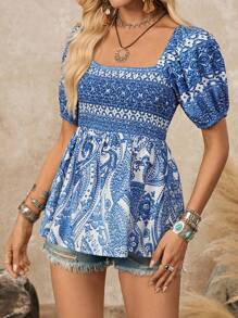 LanaWest 夏季时尚全印花荷叶边下摆女式衬衫 - 藍白色 - 查看 5