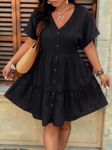 EMERY ROSE Plus Size V-Neck Textured Fabric Raglan Short Sleeve A-Line Ruffle Hem Casual Vacation Commute Party Dress - Black - View 3
