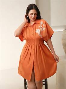 Anewsta Elegant, Spring/Summer Business Casual Women Embroidered Collared Cinched Waist Half Sleeve Shirt Dress