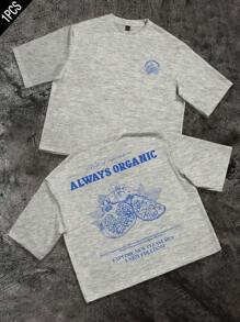 Manfinity Roghcode 男士休闲标语印花短袖T恤，夏季 - 淺灰色 - 查看 5