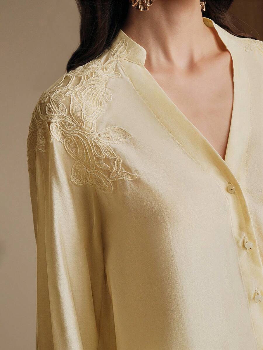 Anewsta New Design Embroidery Sense Elegant Niche Women Shirt, Butter Yellow, Spring/Summer