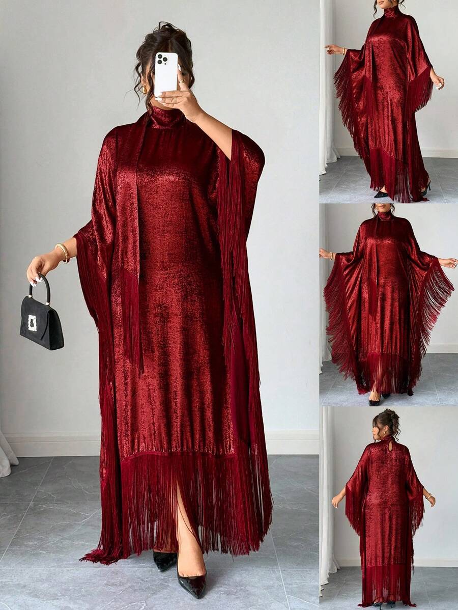 Elenzga Plus Size Women High Collar Batwing Sleeve Fringed Elegant Solid Color Dress - Red - View 1