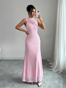Selianne Women's Elegant Solid Color Jacquard Stand Collar Sleeveless Dress, Summer - Pink - View 4